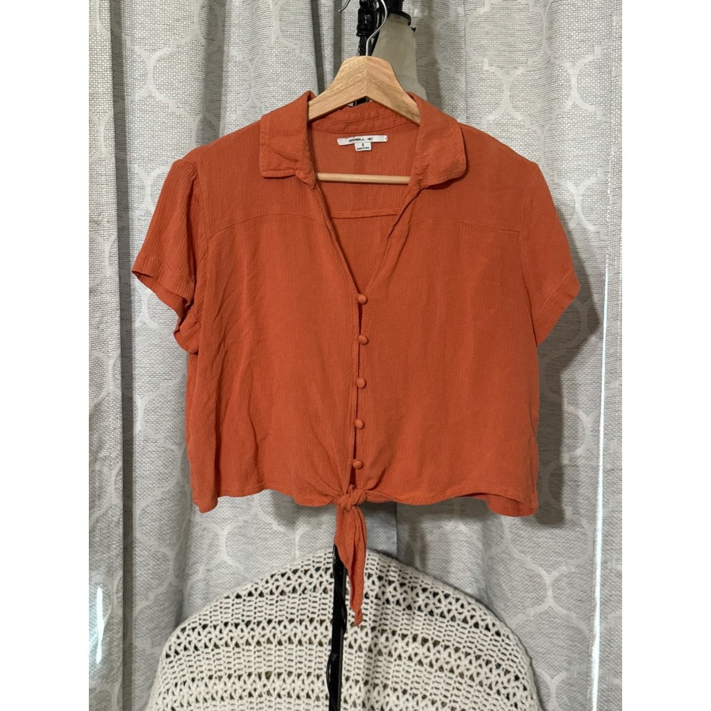 O'Neill Women Burnt Orange Tie Front Short Sleeve Button Up Crop Top Size S